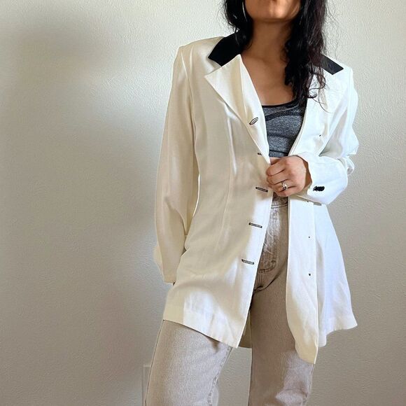 vtg 80s‎ white and black classic long formal blazer 5 button retro size 12 - Picture 3 of 9